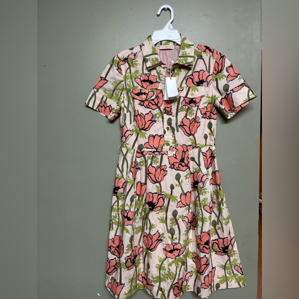 Tory Burch Pink Poppies Poplin Shirtdress NWT Size 2